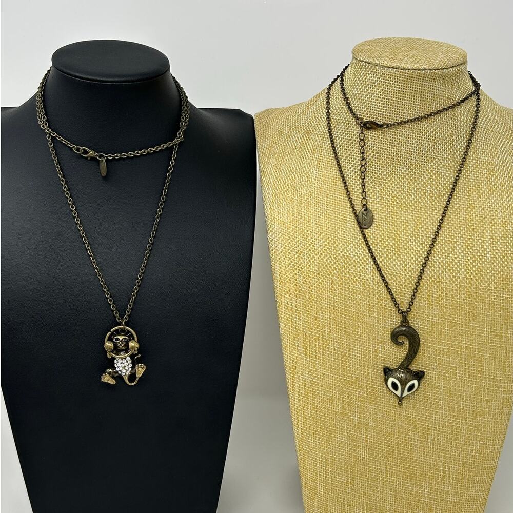 Lot of 2 ZAD Brass Tone Cat and Fox Necklace